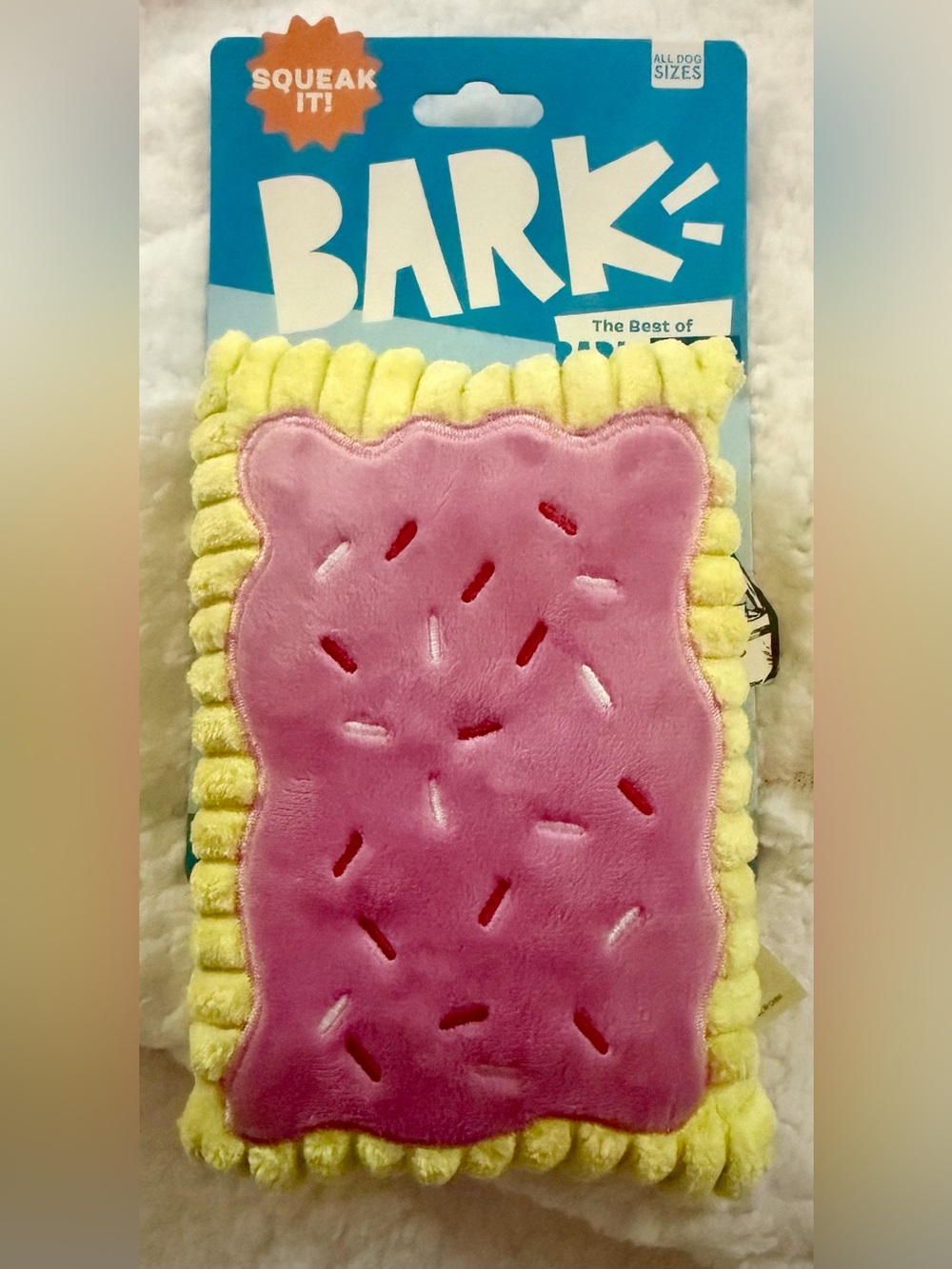 🐾BARK🐾 Pink Plush Snack Dog Toy with Yellow Ruffle Edge